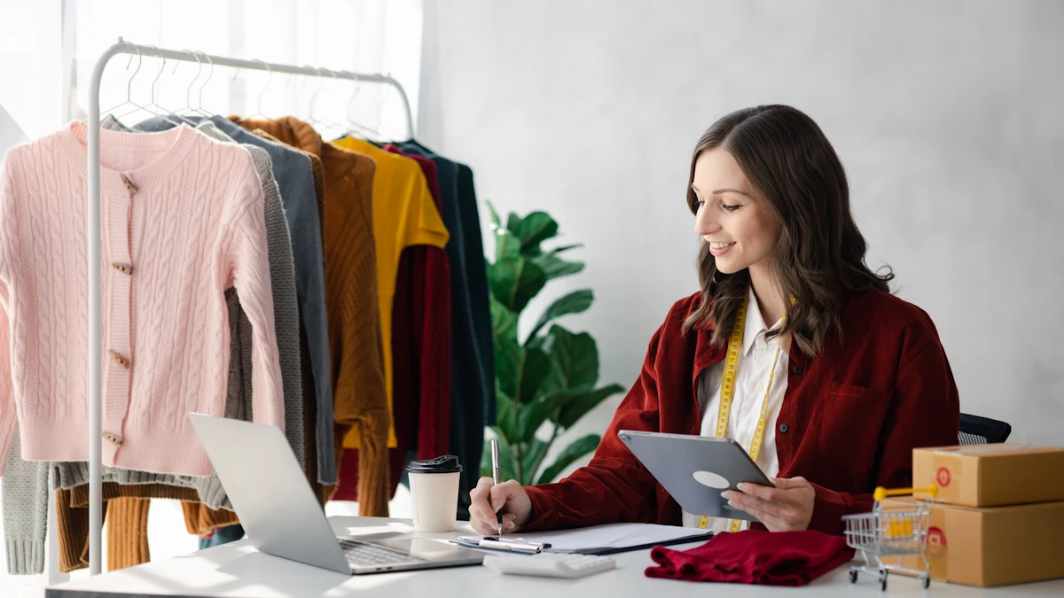 Une femme qui gère une boutique de vêtements en ligne